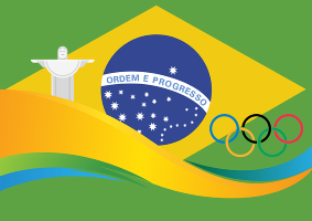 Das Bild zeigt die brasilianische Flagge mit den olympischen Ringen darauf, Quelle: Pixabay