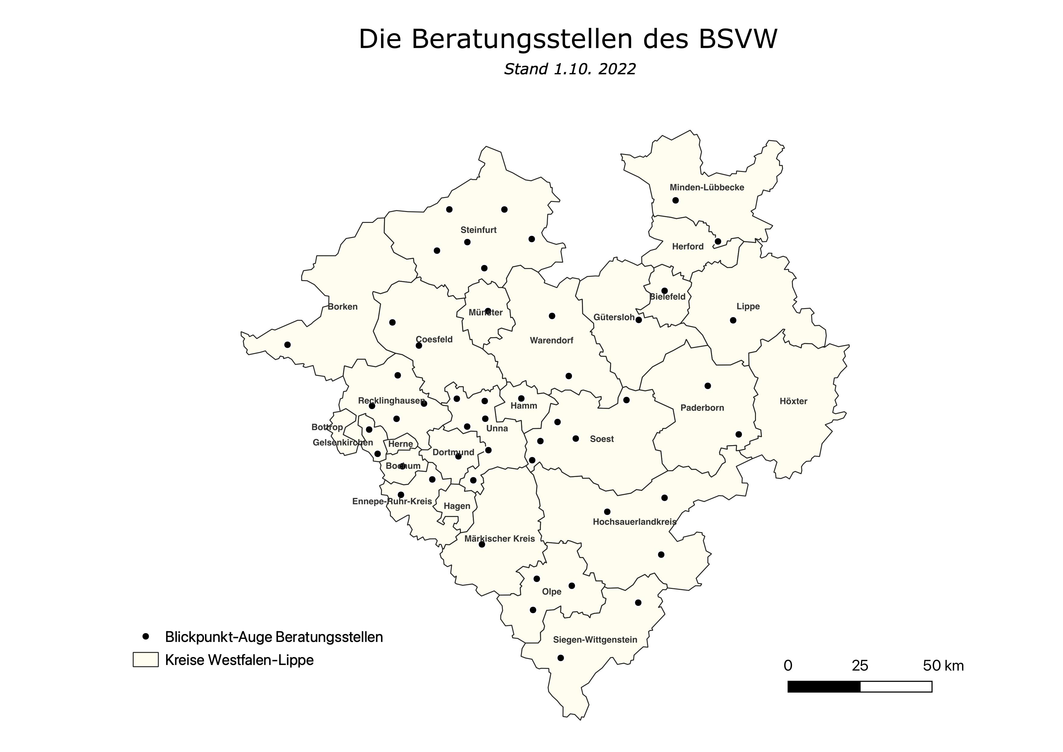 Eine Karte der Beratungsstellen des BSVW 2022