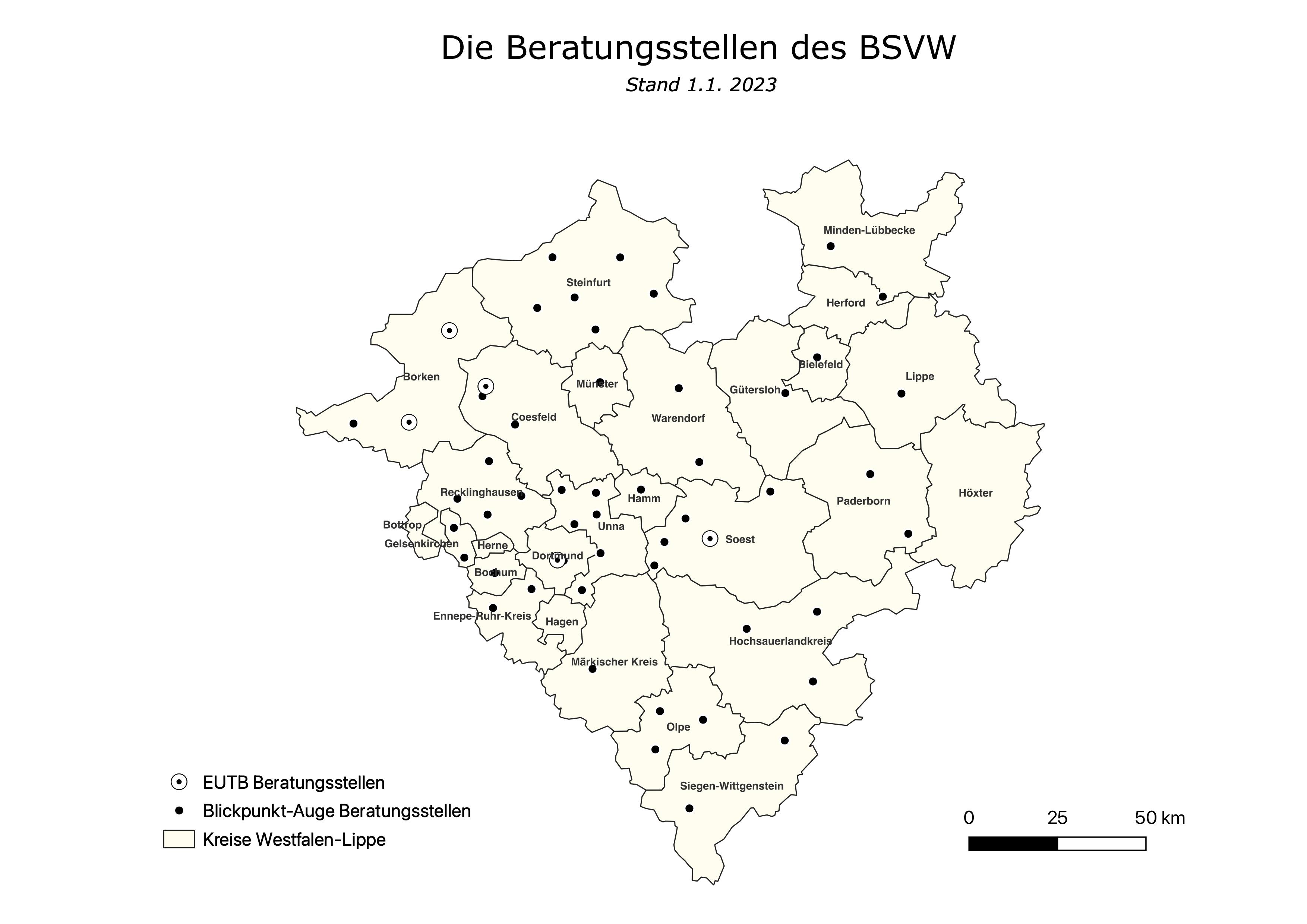 Eine Karte der Beratungsstellen des BSVW 2023