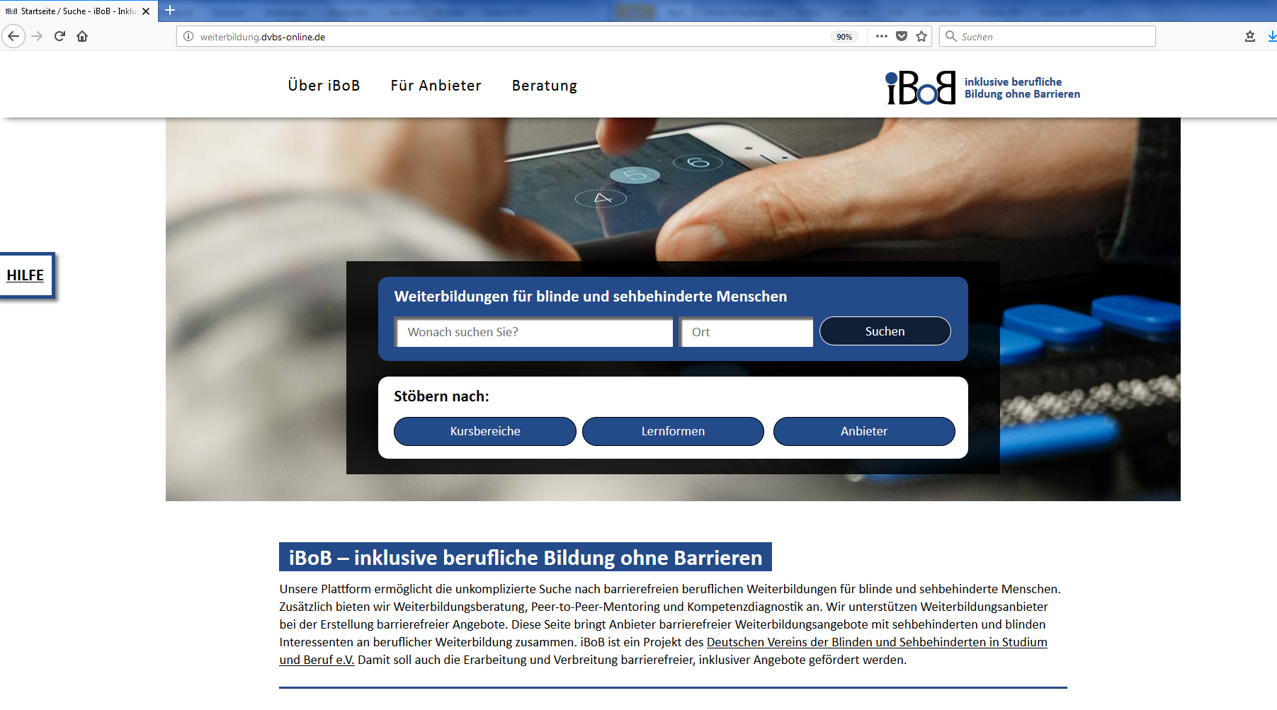 Screenshot der Internetseite zum iBoB-Projekt