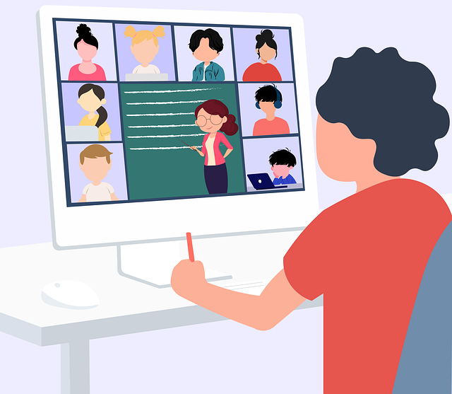 Zeichnung einer Person, die vor einem Computer sitzt. Auf dem Monitor sind diverse Personen in Chatfenstern zu sehen.