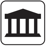 Symbol für ein Museum: ein griechischer Tempel mit 4 Säulen und einem dreieckigen Dach