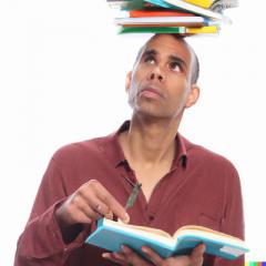 Erstellt von ChatGPT: Ein Mann mit einem Buch und einem Stift in der Hand, auf dem Kopf einen Stapel bunter Bücher jonglierend
